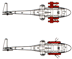 Configuration 4 missiles air-mer AS.11 en haut et 2 torpilles ASM Mk46 en bas. (©DR)