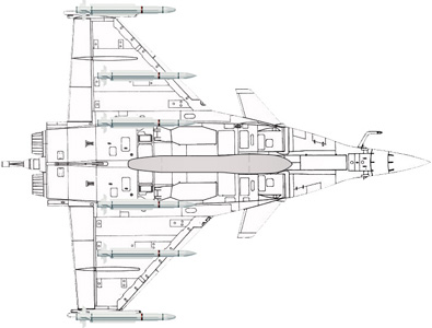 Configuration typique de défense aérienne : 2 à 4 missiles MICA EM ou IR ou 4 missiles MICA EM et 2 Magic 2 - 1 bidon largable.