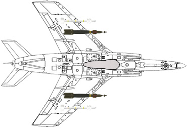 Configuration typique d'attaque au sol : 2 GBU-12 Paveway II (1 sous chaque aile) - 1 missile air-air IR Magic 2 (aile bâbord) - 1 missile air-air IR Magic 2 (aile tribord) - 1 bidon largable de 600 litres.